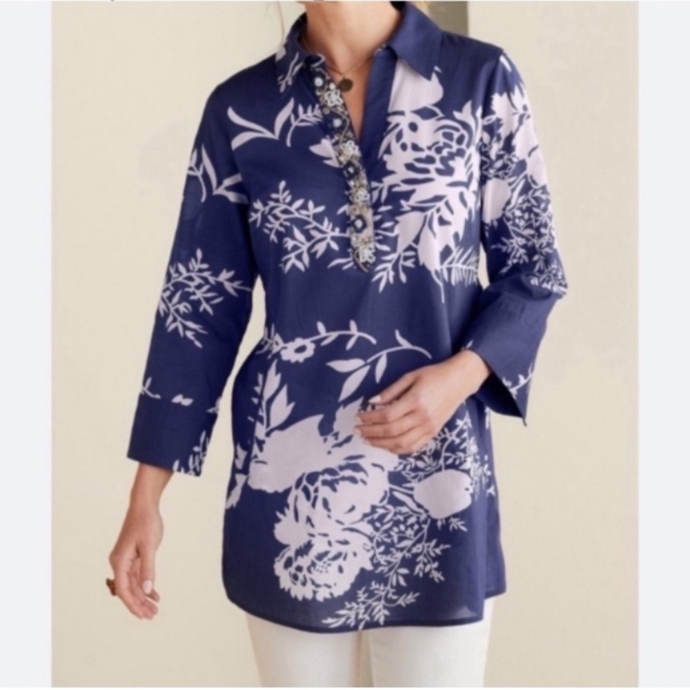 Soft Surroundings Blue Floral Embellished Lightweight Tunic